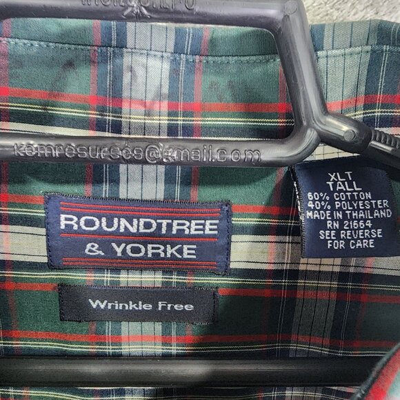 Mens Roundtree & Yorke Shirt Green Blue Red Plaid Button Down Long Sleeve XLT - Picture 3 of 7